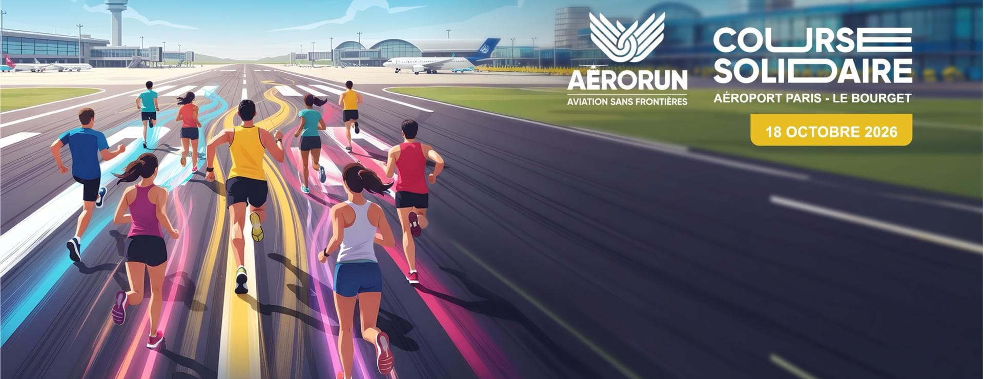 Visuel officiel de l'AéroRun 2026 : des coureurs sur la piste de l'aéroport de Paris-Le Bourget